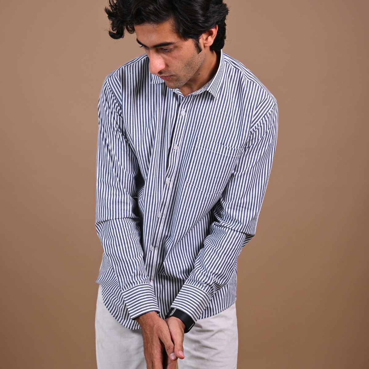 Dark Blue & White thin striped shirt